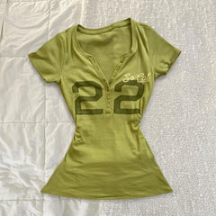 2000s Harajuku "22" Number Print Slim Crop Top – Matcha Green S–L
