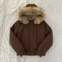 2000s Fur Collar Hooded Workwear Jacket – Dark Brown