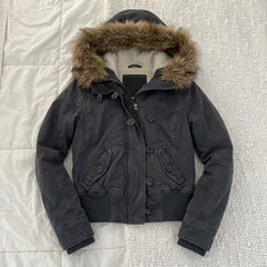 2000s Fleece Hooded Jacket with Faux Fur Trim – Button Front, S–L