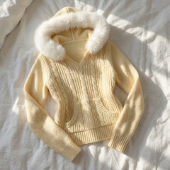2000s Twisted Knit Hooded Sweater with Fluffy Fur Collar – Slim Fit Cable Knit Top