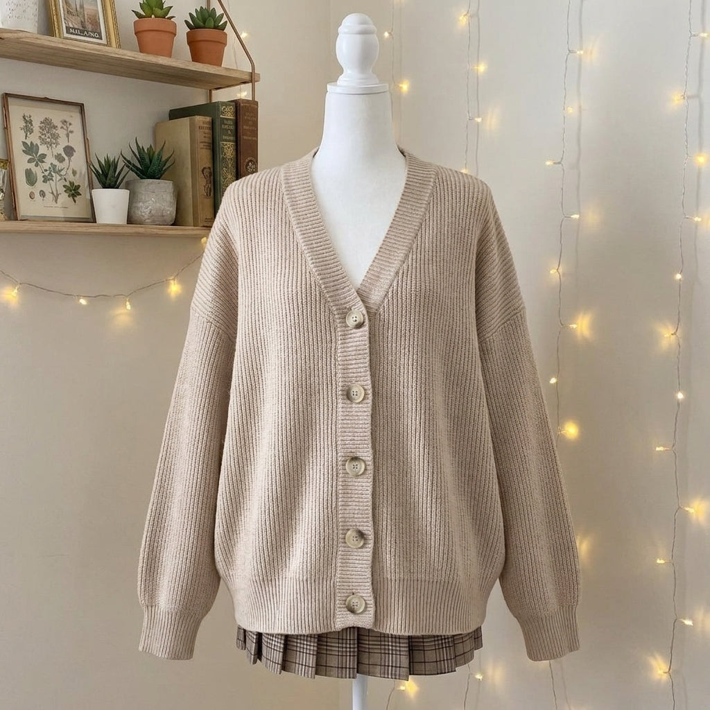 Knitted V-Neck Cardigan Jacket – Loose Fit Open-Front Sweater in 3 Colours