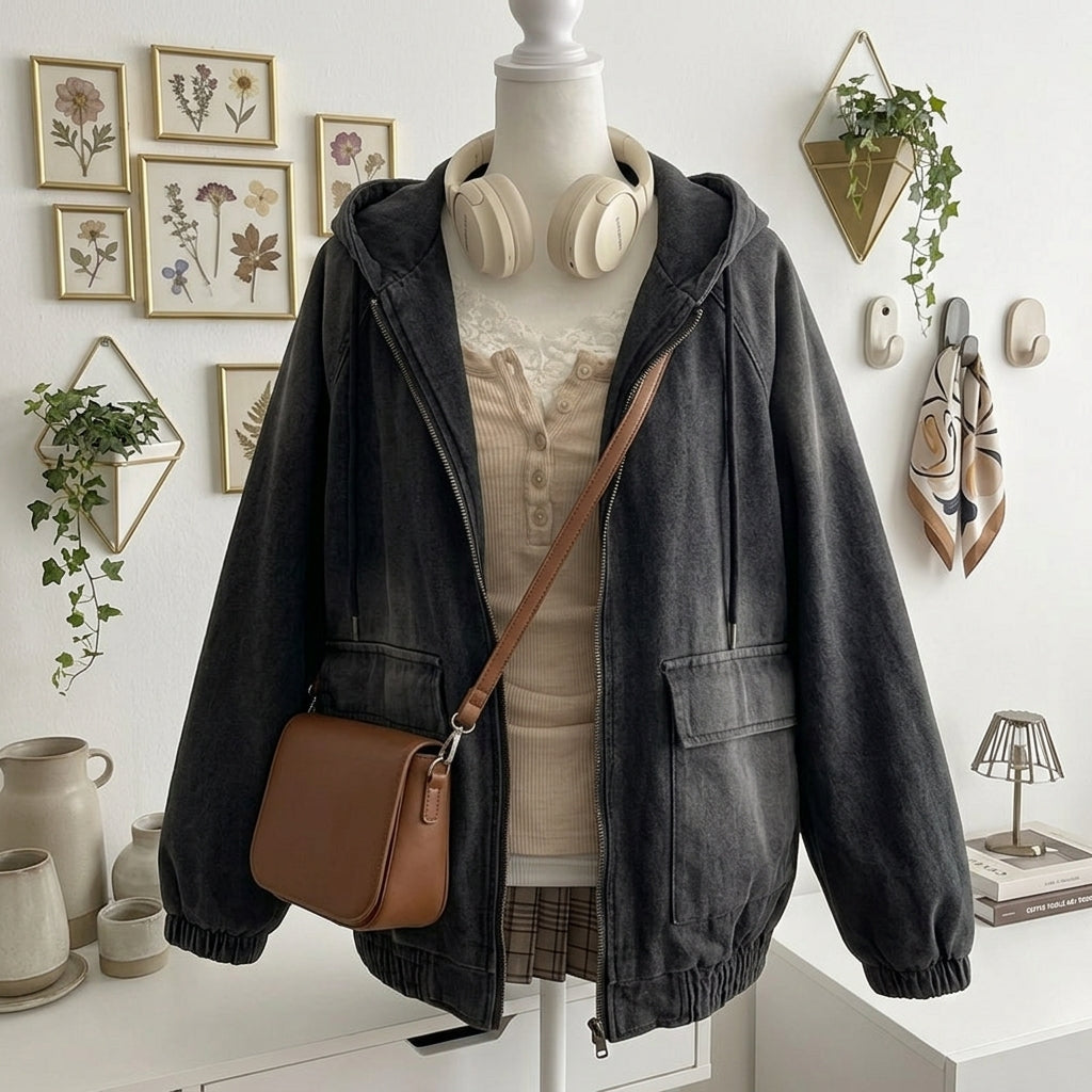 Vintage Wash Petal Sleeve Zip-Up Jacket