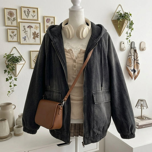 Loose Denim Hooded Coat – Vintage Wash Petal Sleeve Zip-Up Jacket