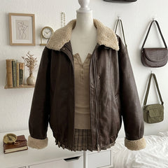 Retro Faux Leather Jacket – Lamb Fur Lined Spliced Vintage Americana Coat