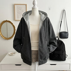 Boxy Heavyweight Hooded Cardigan Jacket – Retro Eye Embroidery Zip-Up Coat