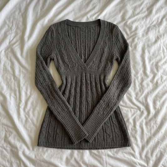 Retro V-Neck Knit Sweater – Twist-Pattern Pullover in Brown Red Grey S–L