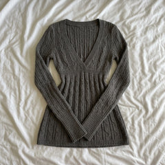Retro V-Neck Knit Sweater – Twist-Pattern Pullover in Brown Red Grey S–L