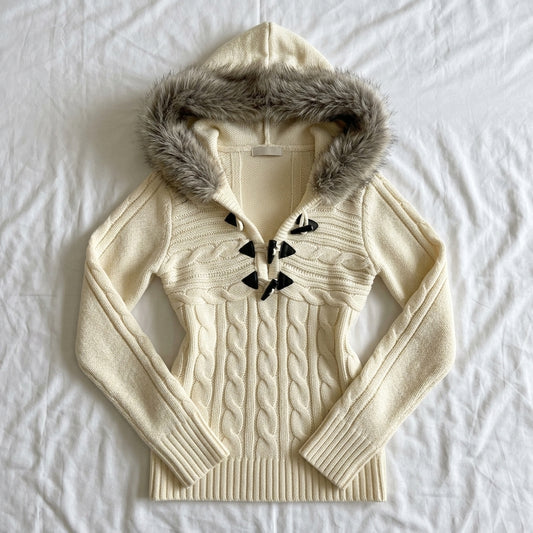 Retro Hooded Knit Sweater – Fur-Trim Toggle Button Cable Knit in Off-White S–XL