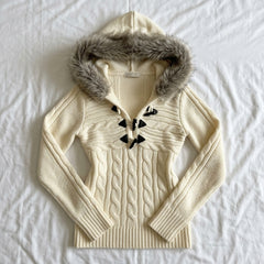 Retro Hooded Knit Sweater – Fur-Trim Toggle Button Cable Knit in Off-White S–XL
