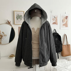 Boxy Heavyweight Hooded Cardigan Jacket – Retro Eye Embroidery Zip-Up Coat