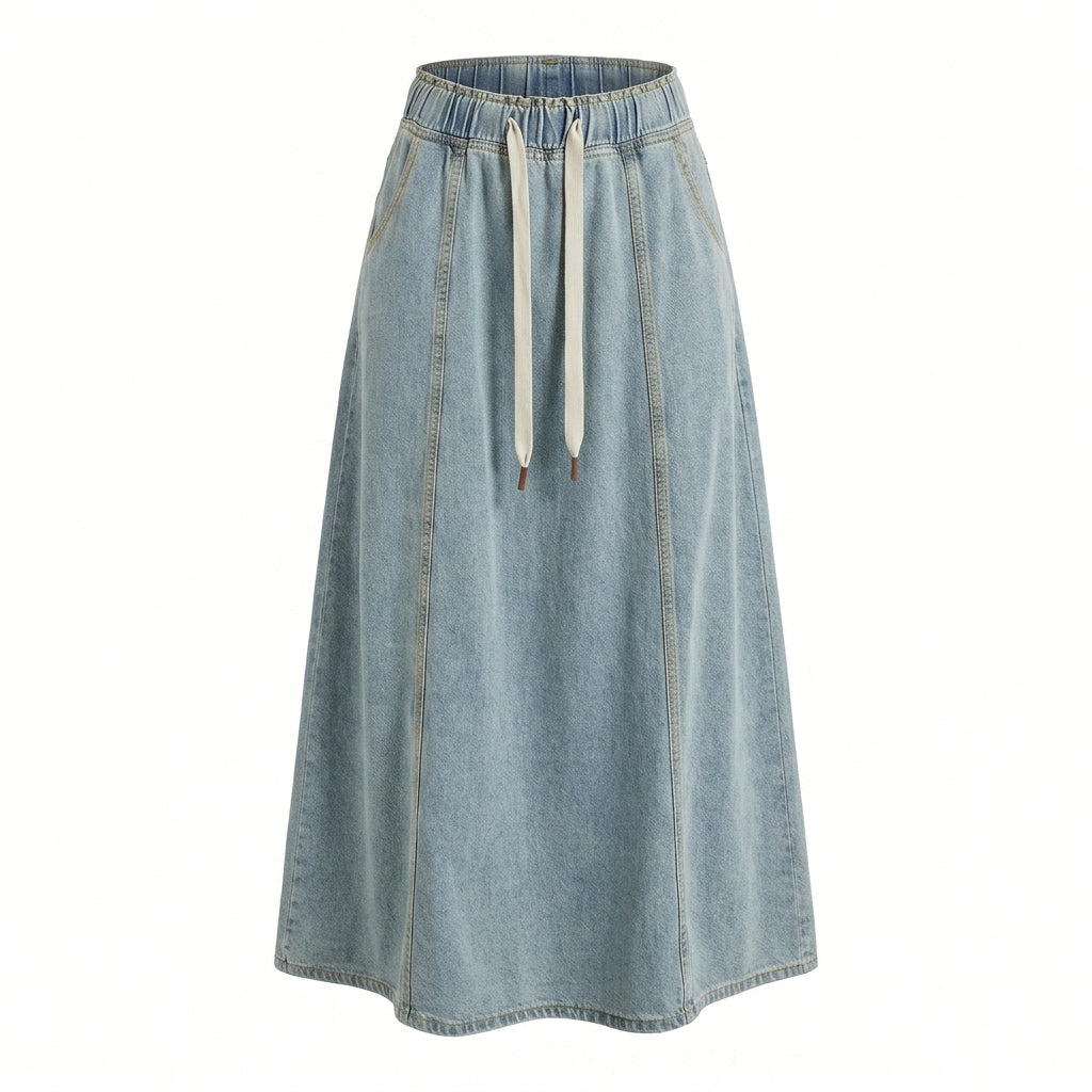 Elastic Waist Drawstring Flared Denim Maxi Skirt