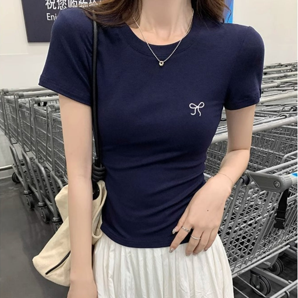 Embroidered Bow Slim Short Sleeve Tee