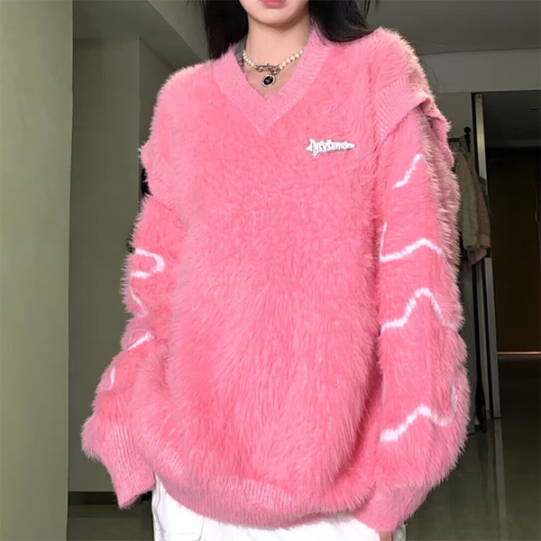 Embroidered Stars Fuzzy Oversized Sweater - fairypeony