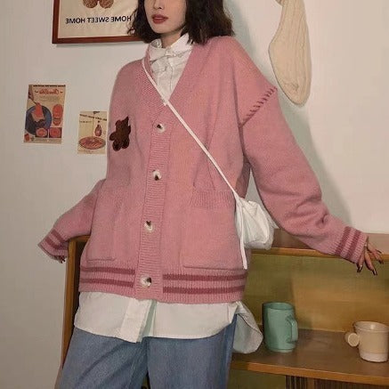 Embroidered Bear Striped Oversized Cardigan - fairypeony