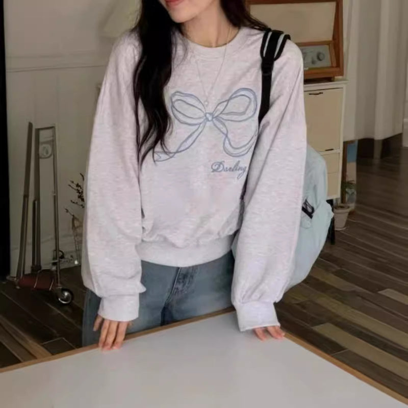 Embroidered Bow Round Neck Pullover Sweatshirt