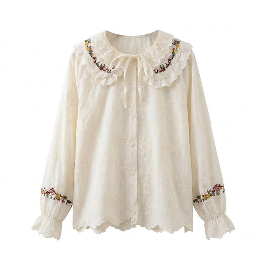 Embroidered Doll Collar Long Sleeve Blouse