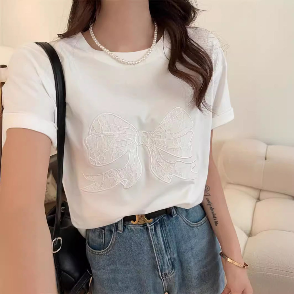 Embroidery Bow Oversized Short Sleeve Tee