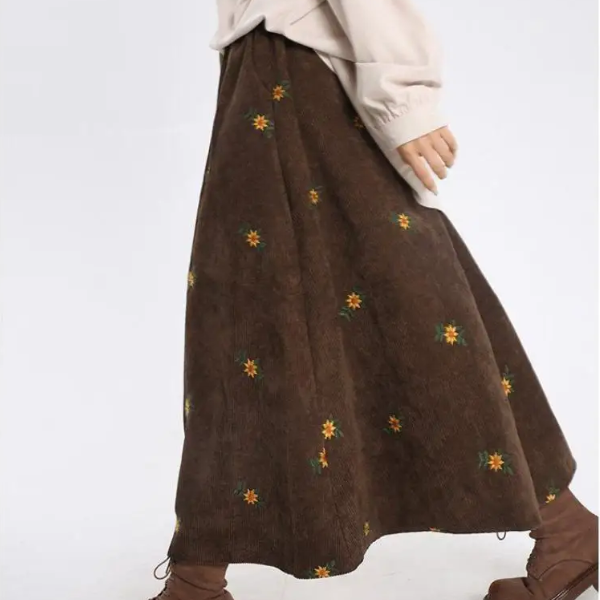 Embroidery Daisy Corduroy Maxi Skirt - fairypeony
