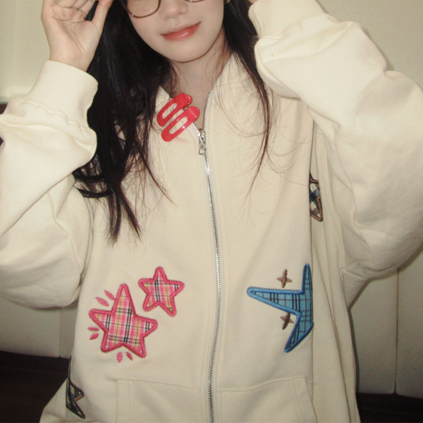 Embroidery Plaid Star Zip Up Hoodie - fairypeony