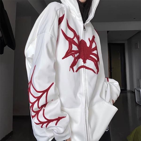 Embroidery Punk Spider Zip Up Hoodie - fairypeony