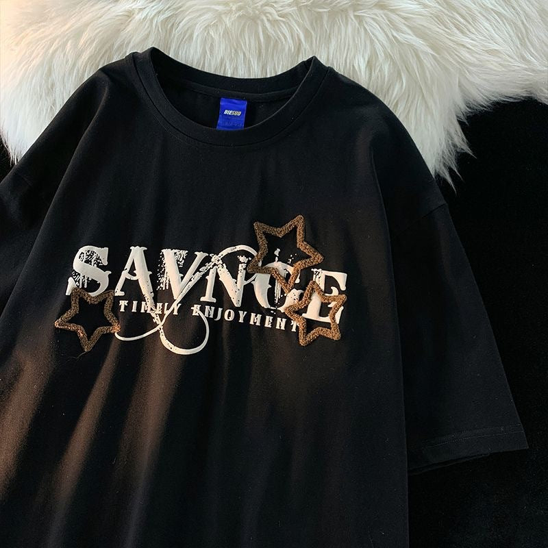 Embroidery Star Oversized Short Sleeve Tee - fairypeony