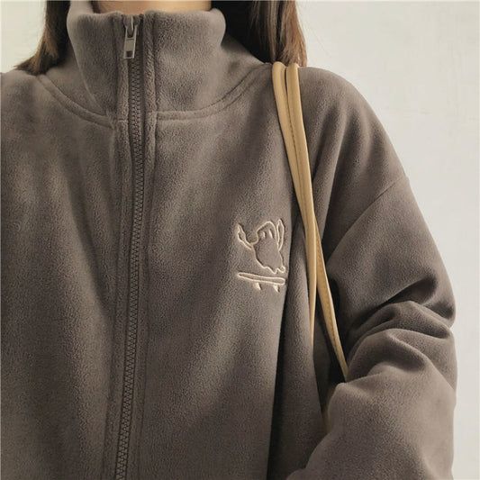 Embroidery Zip Up Fleece Jacket - fairypeony