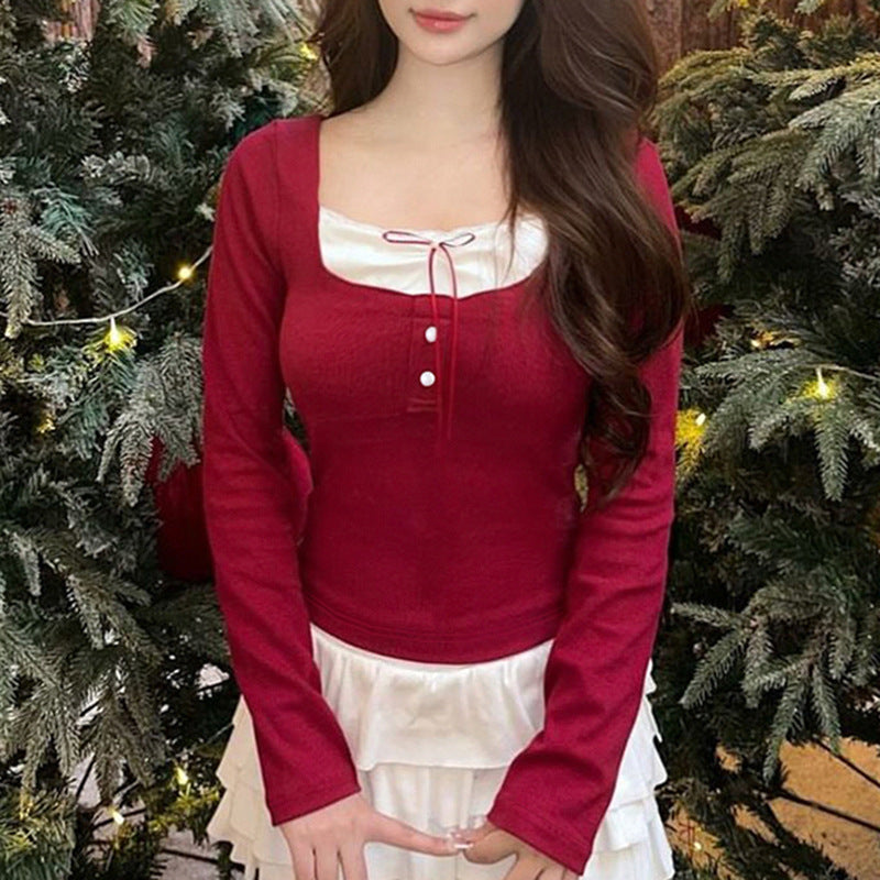 Fairy Lace Square Collar Bow Long Sleeve Tee