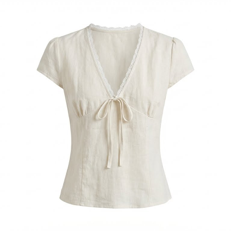Beige top with a V-neck and tie detail on a white background