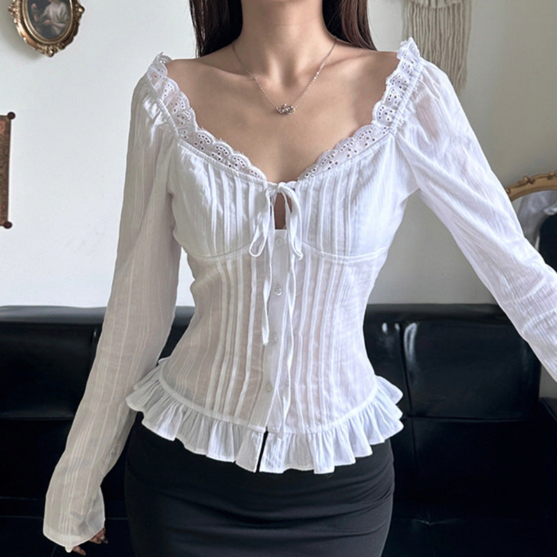 Fairy Solid Color Ruffled Lace Collar Long Sleeve Blouse
