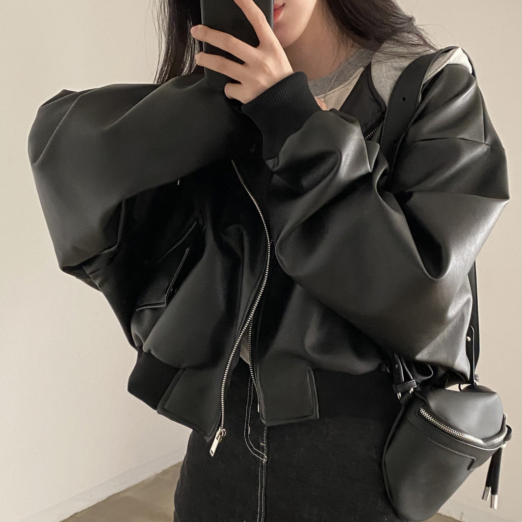 Fake Two-piece Pu Leather Hooded Jacket