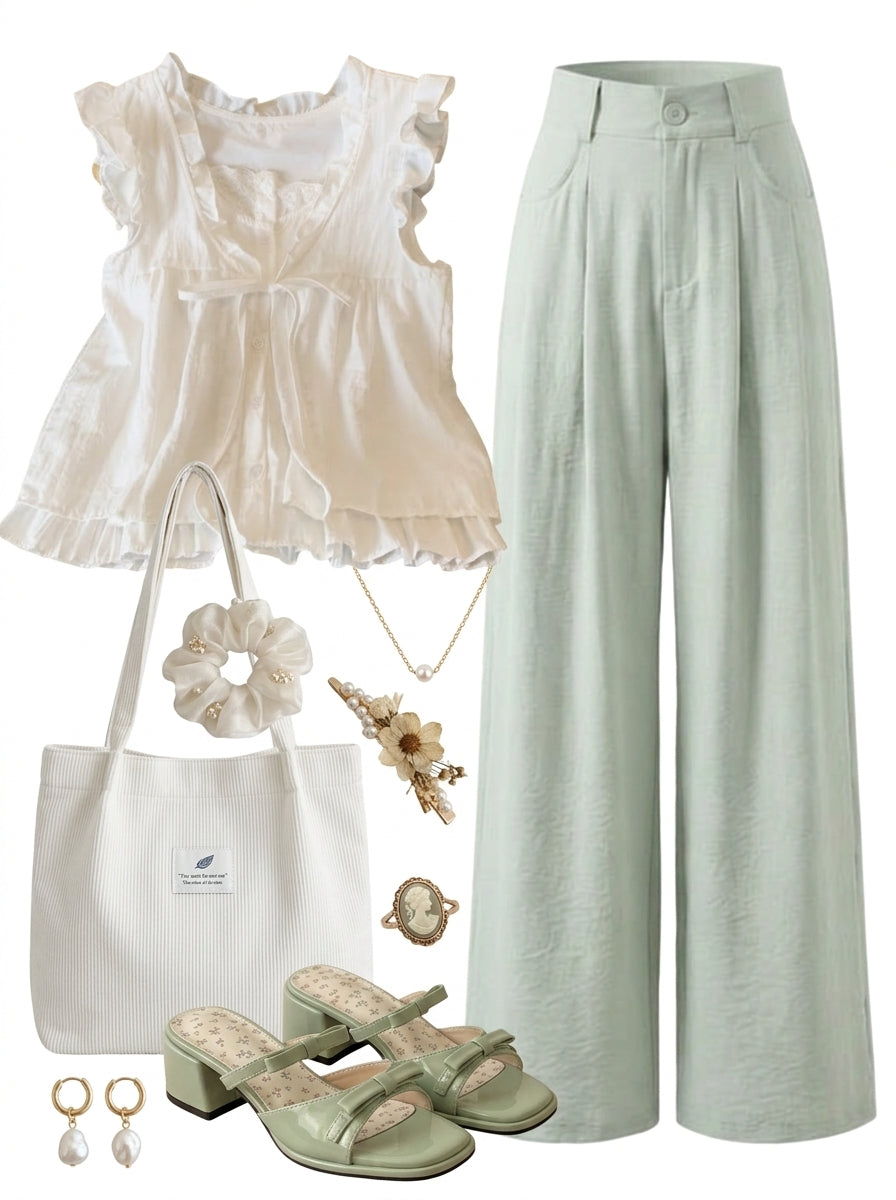 Fashion outfit with a top, pants, bag, and accessories on a white background