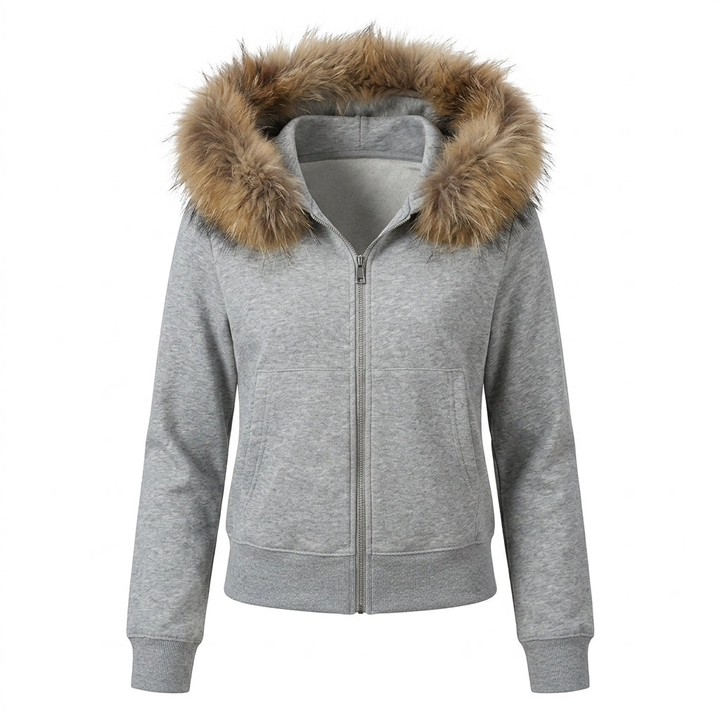 Faux Fur Collar Zip-Up Hoodie