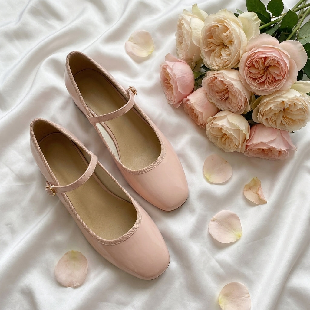Pair of pink shoes on a white fabric background with pink roses and petals.