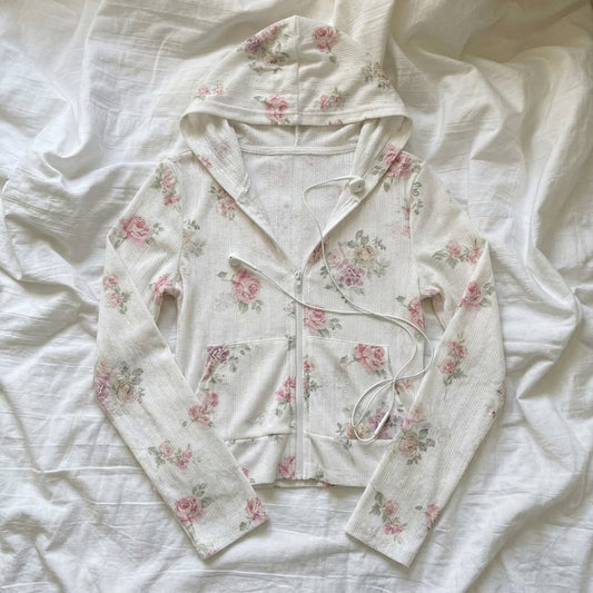 Floral Print Hooded Zip-Up Jacket – Rose Print Sun-Protection Coat in S–XL