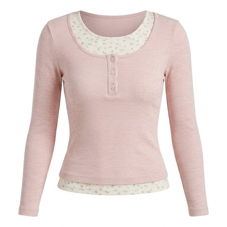 Pink long-sleeve top with lace trim on a white background