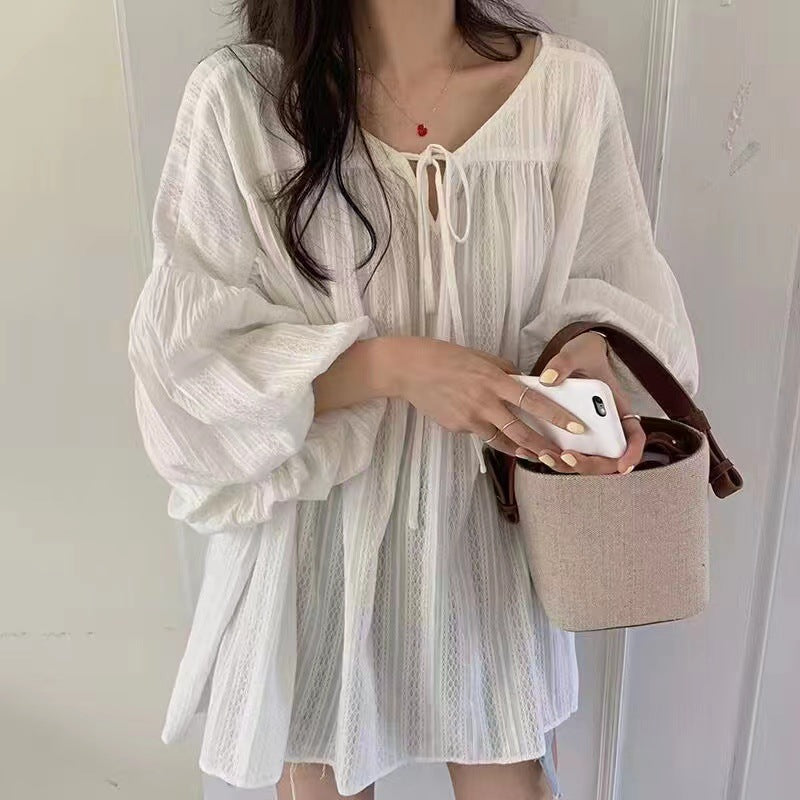 French Bubble Sleeve Lace Up Long Sleeve Blouse