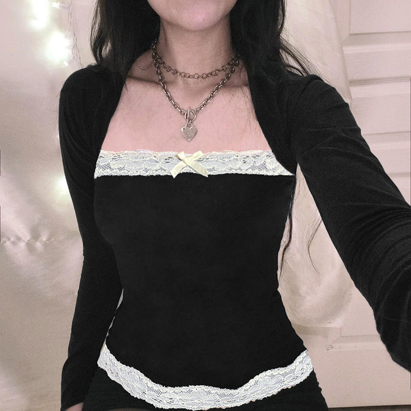 French Lace Trim Splice Slim Long Sleeve Tee - fairypeony