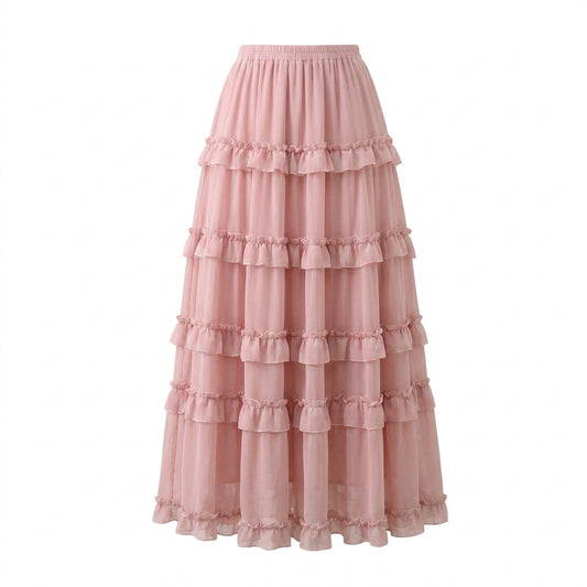 French Ruffled Flared Chiffon Maxi Skirt