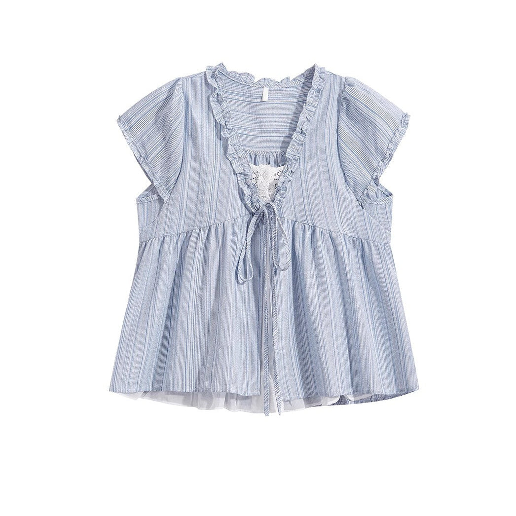 French Style Ruffled V-Neck Blouse - fairypeony