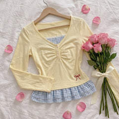 Lace Trim Aesthetic Fake Two Piece Long Sleeve Tee