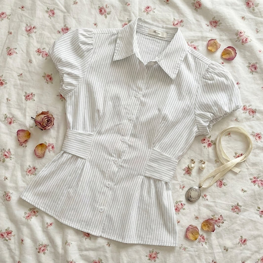 Vintage Striped Puff Short Sleeve Blouse - fairypeony