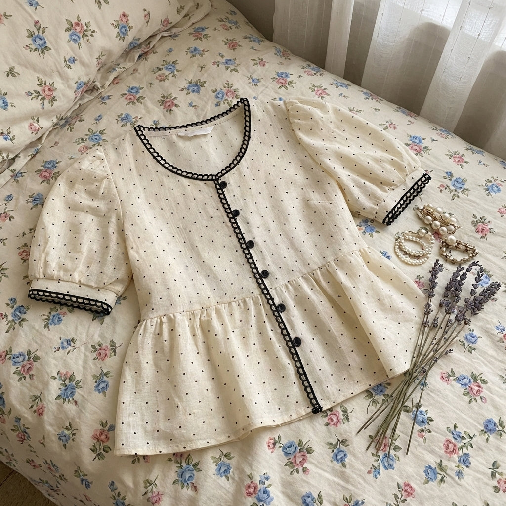 Aesthetic Polka Dot Lace Trim Blouse - fairypeony