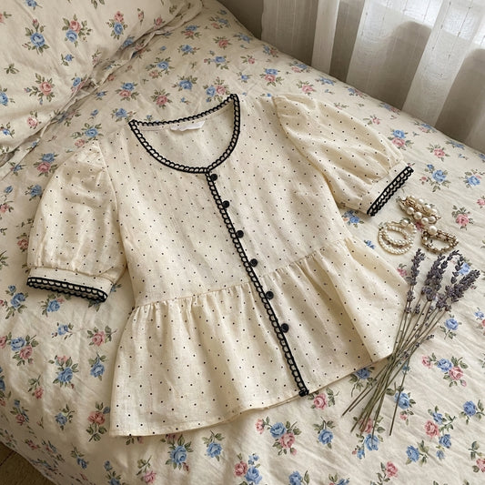 Aesthetic Polka Dot Lace Trim Blouse - fairypeony