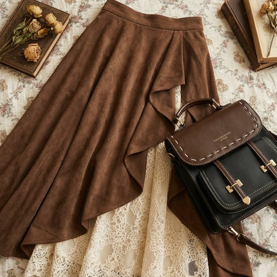 Vintage Western Suede Lace Patchwork Skirt - fairypeony