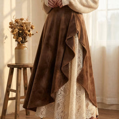 Vintage Western Suede Lace Patchwork Skirt - fairypeony