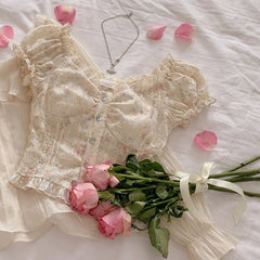 French Floral Lace Trim Short Sleeve Blouse - fairypeony