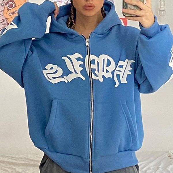 Gothic Letter Graphic Zip Up Hoodie - fairypeony