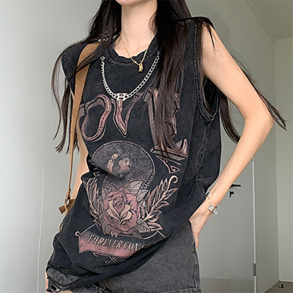 Grunge Foral Logo Oversized Ripped Tank Top - fairypeony