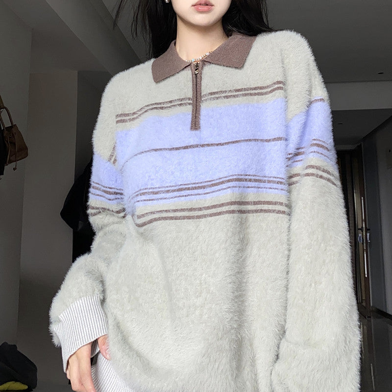 Half Zip Striped Fuzzy Oversized Sweater - fairypeony