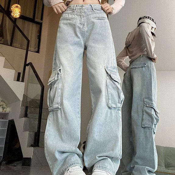 High Waist Big Pocket Cargo Jeans - fairypeony
